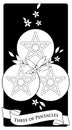 Three of pentacles. Tarot cards. Three golden pentacles surrounded by orange blossom flowers