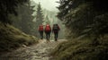 Three people with backpacks walking down a trail in the woods, AI Royalty Free Stock Photo