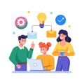 Team Brainstorming Session: Three People Collaborating on Ideas and Project Development, Flat Design Illustration Royalty Free Stock Photo