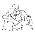 three people embracing to comfort each other - vector illustration sketch hand drawn with black lines, isolated on white