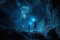 Three People Exploring a Dark Cave Illuminated by Headlamps Royalty Free Stock Photo