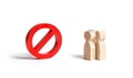 Three people figures look at a big red symbol NO. Ban on fees and protest actions, censorship. Entering martial law, restricting Royalty Free Stock Photo