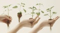 Three people are holding up plant roots, symbolizing growth