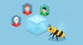 Three people interacting with a transparent cube and a bee Royalty Free Stock Photo