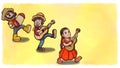 Three people playing instruments in a Festa Junina party. Yellow watercolor background version.