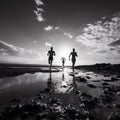 three people running in silhouette along a beach in black and white Royalty Free Stock Photo