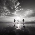 three people running in silhouette along a beach in black and white Royalty Free Stock Photo