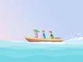 Three people sitting on a small motorboat sailing in the sea with blue sky  background Royalty Free Stock Photo