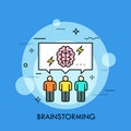 Three people and speech bubble with brain and lightning symbols inside. Concept of brainstorming meeting or session