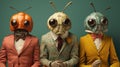 Three people wearing insect masks and suits, AI