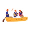 Three people wearing life jackets in a yellow raft. Two men and a woman on a rafting adventure, one waving. Outdoor