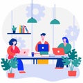 Three people working together at a table in an office with plants and gear background Royalty Free Stock Photo