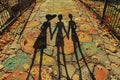 Three Peoples Shadows Standing on Path With Leaves. Generative AI Royalty Free Stock Photo
