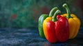 Three peppers are sitting on a table with water droplets, AI