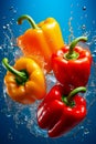 Three peppers splashing into blue water background with yellow pepper. Generative AI Royalty Free Stock Photo