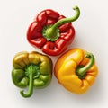 three peppers yellow green and red on a white background.Generative AI