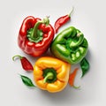 three peppers yellow green and red on a white background.Generative AI
