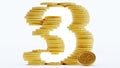 three percent offer shaped by a gold coins on white background, Royalty Free Stock Photo