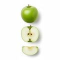 three perfect green apples (whole, half, and slice) arranged vertically in a neat row Royalty Free Stock Photo