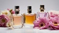 Three perfume bottles with flowers in the background Royalty Free Stock Photo