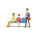 Three Person Waiting In Queue. Bank Service, Account Management And Financial Affairs Themed Vector Illustration