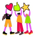 Three persons holding heart, like and star sign.