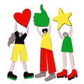 Three persons holding heart, like and star sign.