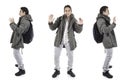Three perspectives of same man with backpack