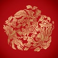 Three Phoenixes around chinese flower elements on classic red ba