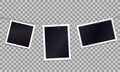 Three photorealistic blank retro photo frames attached metal paper clips on tape. Template for design. Vector illustration Royalty Free Stock Photo