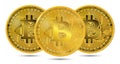 Three physical Bitcoins isolated on white background in front view. Cryptocurrency mining