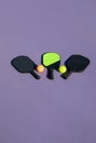 Three Pickleball Paddles and Two Balls on a Court