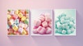 three pictures of different colored marshmallows on a pink background with a shadow of the image on the wall and the bottom half