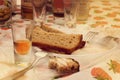 Three pieces of black bread on a plastic plate with a pile and forks Royalty Free Stock Photo