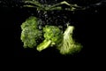Broccoli pieces splash into the water