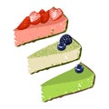 Three pieces of cheesecake with strawberry, vanilla and matcha tastes, covered with berries Royalty Free Stock Photo