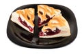 Three pieces of cherry pie in black glass plate on white Royalty Free Stock Photo