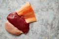 Fresh raw beef steak, chicken breast, and salmon fillet Royalty Free Stock Photo