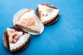 Three pieces of homemade pie with fruit or berries on a blue background Royalty Free Stock Photo