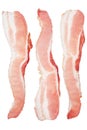 Three pieces of raw bacon isolated on a white