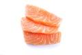 three pieces of raw salmon sushi sashimi isolated on white background raw fish