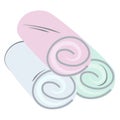 Three pieces of rolled up colorful towels, flat cartoon vector illustration of spa accessories isolated on white. Rolls