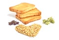 Three pieces of toast bread with heart of grains of wheal on white background