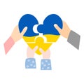 Three Pieces Of Ukrainian Heart. Recovery of Ukraine after war, Happy Family concept. Mother, Father, and kid hands with