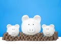 Three piggy banks in a row with stacks of coins blue background