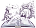 Three pigs fairy tale open book illustration. Wolf blowing broke house Royalty Free Stock Photo