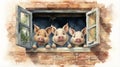 Charming Watercolor Illustration Of Three Pigs Peeking Out Of Window