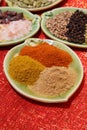 Three piles of indian powder spice on plate