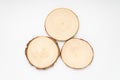 Three pine tree cross-sections with annual rings on white background. Lumber piece close-up, top view, isolated.