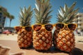 Three pineapples friends in shades against a yellow sky, summer season nature image Royalty Free Stock Photo